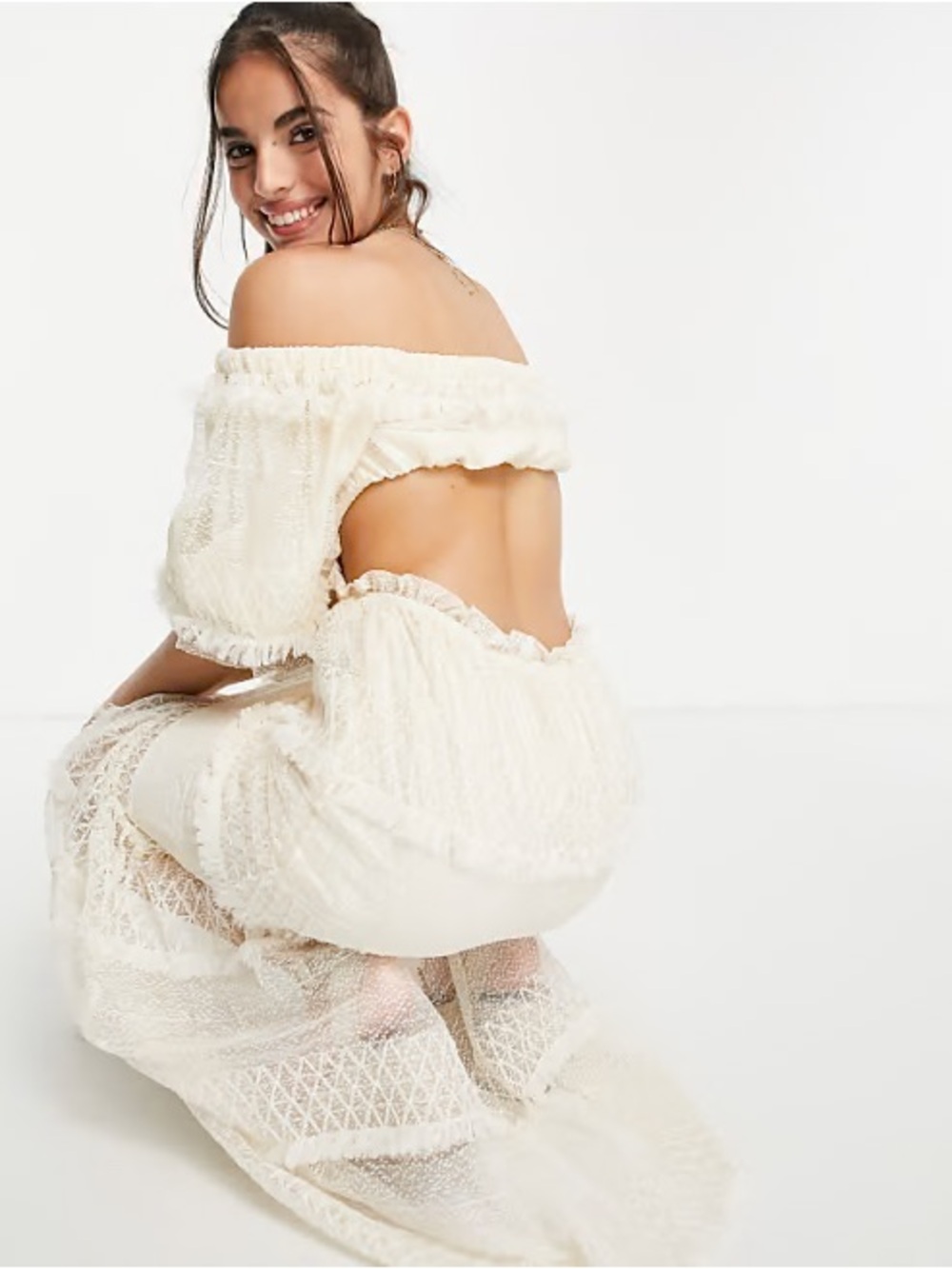 Skylar Rose Off-Shoulder Open-Back Lace Maxi Dress in Cream size M